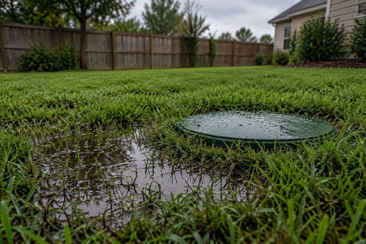 Wet, extra-green patch of lawn with a puddle beside a green septic lid.